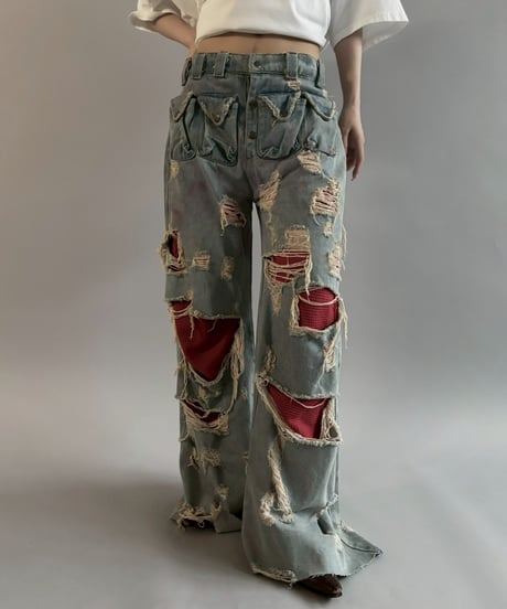 【USED】 dirty punk Damage Denim Layered Pants /260607-017