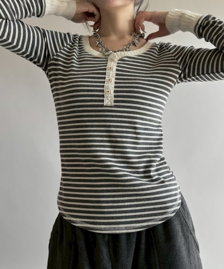 【USED】 Henley Neck Border Top / 260314-011