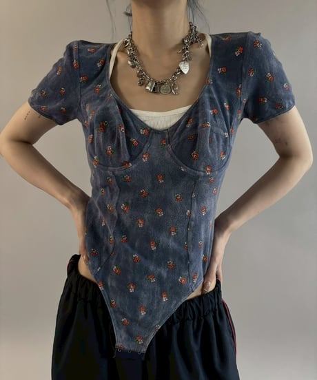 【USED】 S/S Flower Pattern Velour Leotard Top / 260307-012