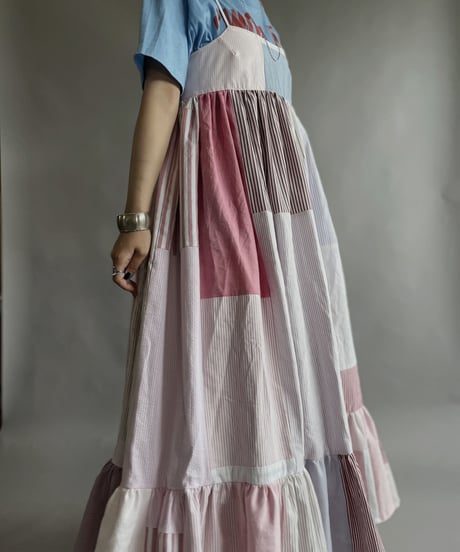 【RE;CIRCLE】 RE Patchwork Strip Shirt One-Piece / 230608-012