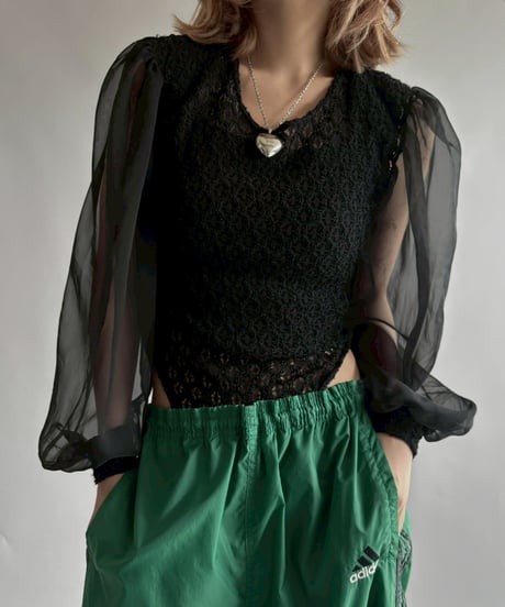 【USED】 Lace Pattern Sheer Sleeve Leotard Top  /251012-026