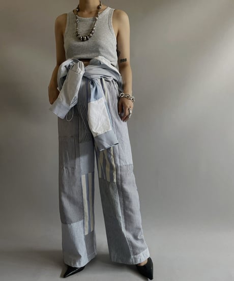 【RE;CIRCLE】 RE Patchwork Strip Shirt Jump Suits/ 230824-009