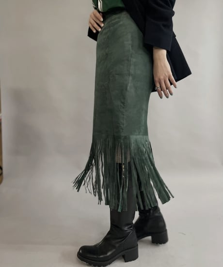 【USED】 Suede Leather Middle Skirt Green / 230304-015