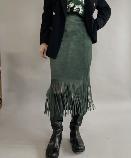 【USED】 Suede Leather Middle Skirt Green / 230304-015