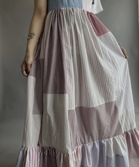 【RE;CIRCLE】 RE Patchwork Strip Shirt One-Piece / 230608-014