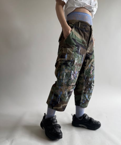 【USED】 Military Camouflage Painted Cut off Shorts  / 250614-014