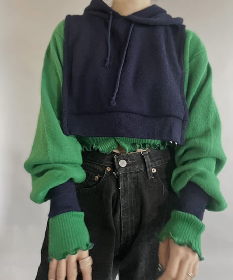 【RE;CIRCLE】 RE Acrylic Knit Cardigan + Hoodie Green × Navy / 230220-005