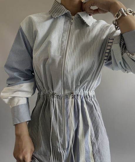 【RE;CIRCLE】 RE Patchwork Strip Shirt Jump Suits/ 230824-009