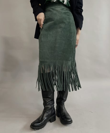 【USED】 Suede Leather Middle Skirt Green / 230304-015