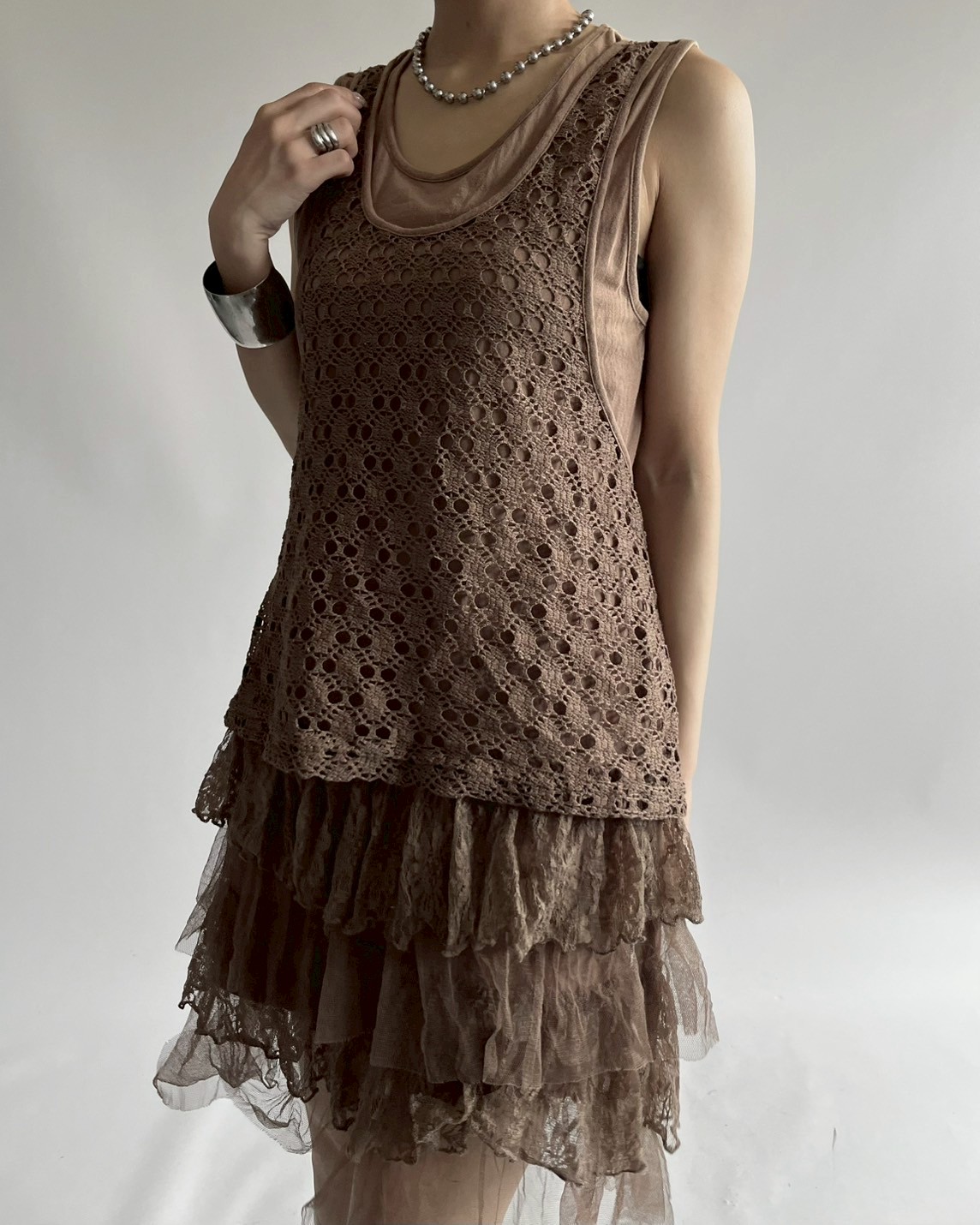 【THE MOZZ】Wood Casual One Piece USED】 Mesh Design Tiered One-Piece / 250725-00