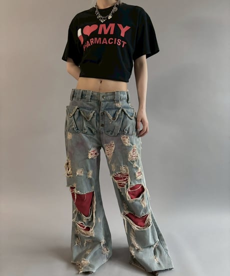 【USED】 dirty punk Damage Denim Layered Pants /260607-017