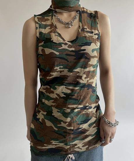 【USED】 Made in USA Camouflage Pattern Sheer N/S Top / 250526-011