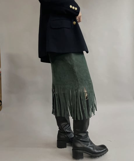 【USED】 Suede Leather Middle Skirt Green / 230304-015