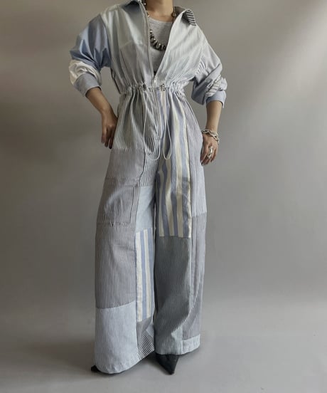 【RE;CIRCLE】 RE Patchwork Strip Shirt Jump Suits/ 230824-009