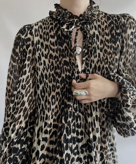 【USED】 GANNI Leopard Patterned Puff Sleeve Pleats Top / 230923-008
