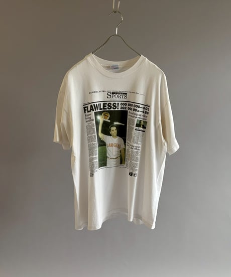 【USED】 97's Made in USA Hanes Baseball Newspaper T-Shirt / 260607-027