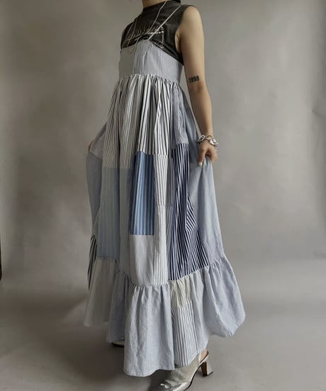 【RE;CIRCLE】 RE Patchwork Strip Shirt One-Piece / 230608-015
