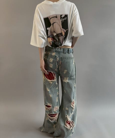 【USED】 dirty punk Damage Denim Layered Pants /260607-017