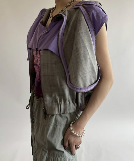 【USED】 Check Pattern Gimmick Hooded Vest / 250526-015