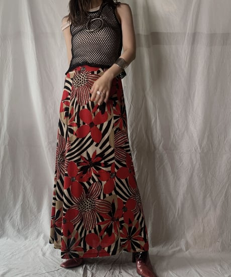 【USED】 Flower Patterned Spandex Long Skirt/ 210630-026