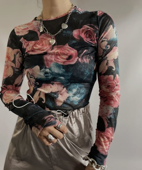 【USED】  L/S Flower Patterned Power net  top / 230916-045