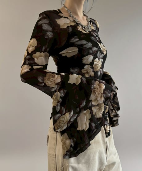 【USED】 Flower Pattern Sheer Leotard Top / 260307-025