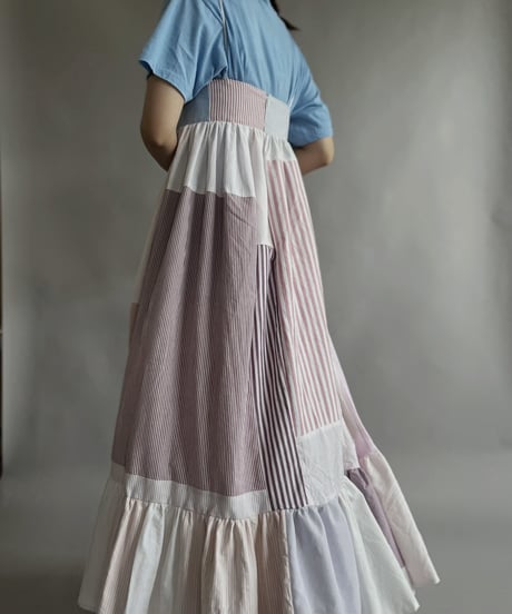 【RE;CIRCLE】 RE Patchwork Strip Shirt One-Piece / 230608-012