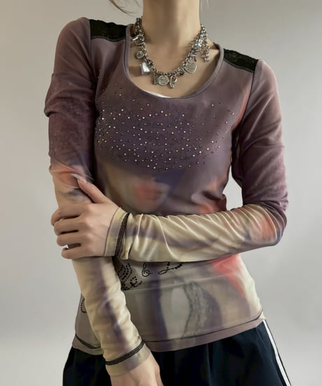 【USED】 Line Stone Design Sheer Top / 260502-011