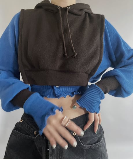 【RE;CIRCLE】 RE Acrylic Knit Cardigan + Hoodie Blue × Brown / 230220-004