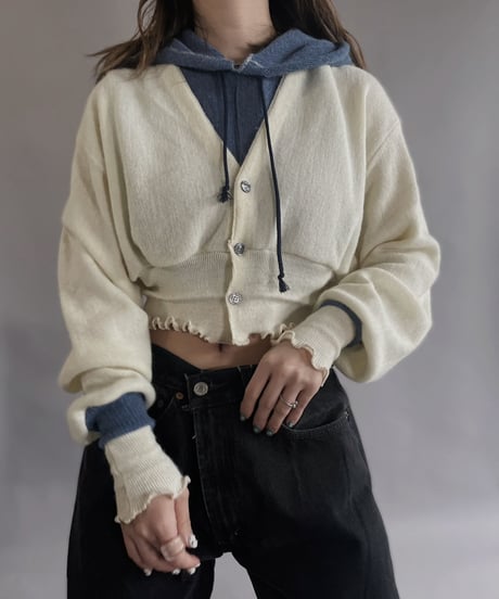 【RE;CIRCLE】 RE Acrylic Knit Cardigan + Hoodie White × Blue / 230220-001