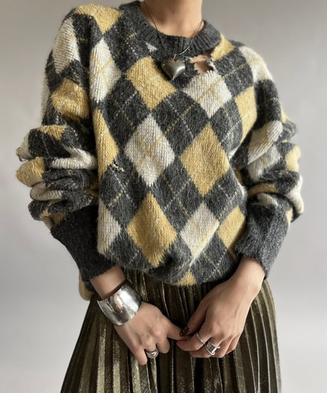 【USED】 100% ORLON ACRYLIC Argyle Knit Top/241207-007