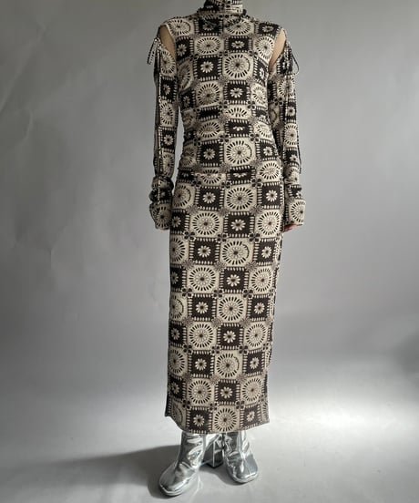 【USED】 Flower Patterned Sleeve Convertible Tight Long One-Piece /241130-003