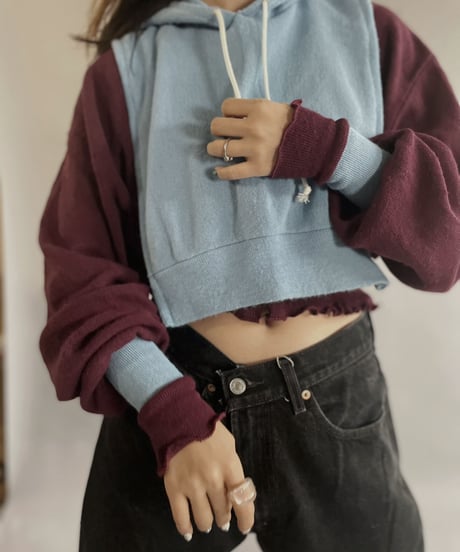 【RE;CIRCLE】 RE Acrylic Knit Cardigan + Hoodie Winered × Light Blue / 230220-002
