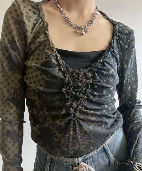 【USED】 Design Shirring Sheer Top  / 250526-006