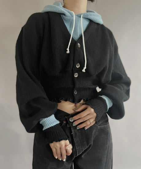 【RE;CIRCLE】 RE Acrylic Knit Cardigan + Hoodie Black × Light Blue / 230220-003