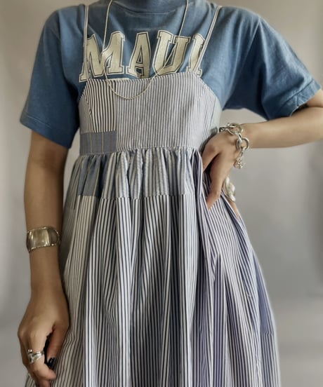【RE;CIRCLE】 RE Patchwork Strip Shirt One-Piece / 230608-017