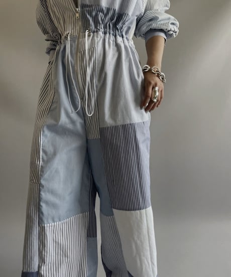 【RE;CIRCLE】 RE Patchwork Strip Shirt Jump Suits/ 230824-011