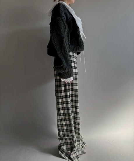 【RE;CIRCLE】 RE Aran Knit Patchwork Lace Collar Cardigan / Black × Charcoal / 251106-003