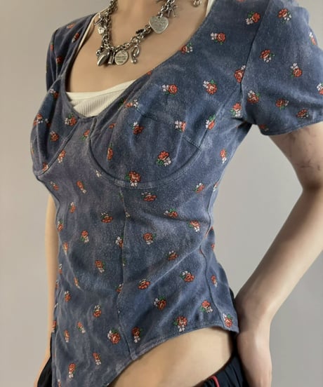 【USED】 S/S Flower Pattern Velour Leotard Top / 260307-012