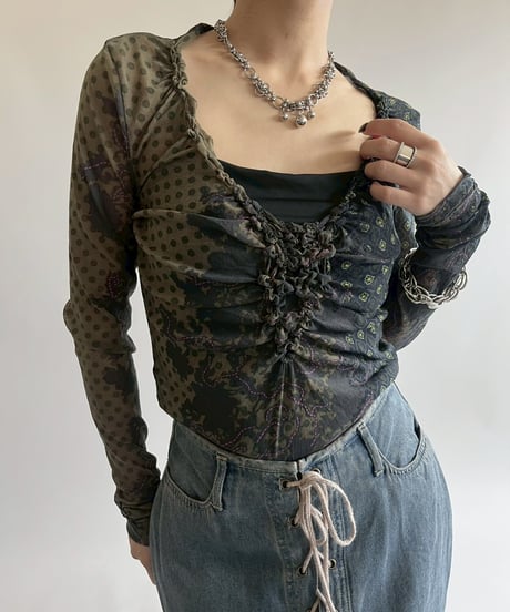 【USED】 Design Shirring Sheer Top  / 250526-006