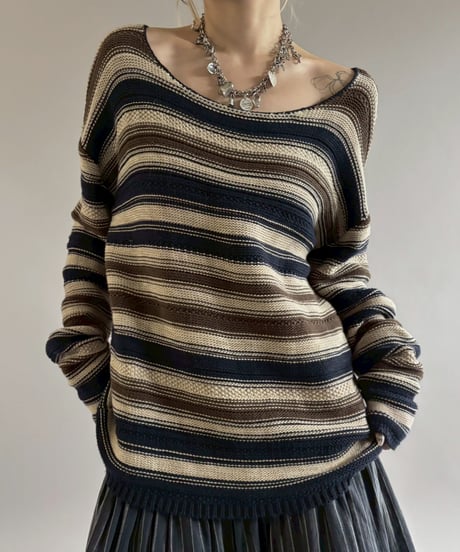 【USED】 Lauren Ralph Lauren Border Pattern Cotton Knit Top/ 260221-024