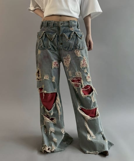 【USED】 dirty punk Damage Denim Layered Pants /260607-017
