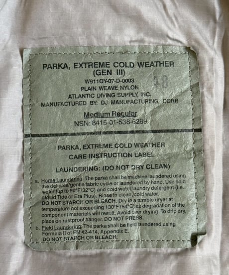 【DEAD STOCK】 U.S Army ECWCS Level7 Primaloft Parka Medium-Regular DJ MANUFACTURING / 260126-009