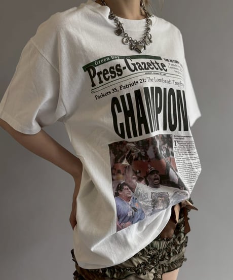 【USED】 97's Hanes American Football Newspaper T-Shirt / 260607-008