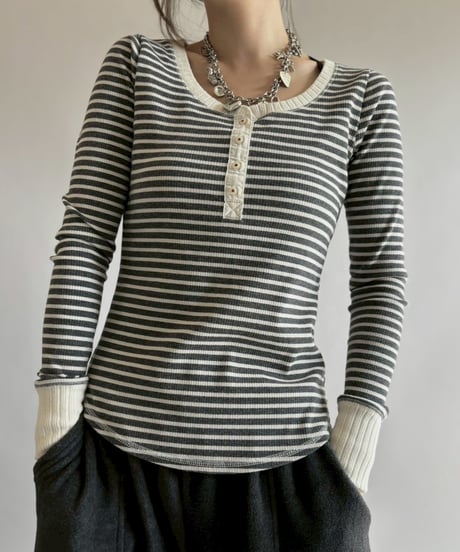 【USED】 Henley Neck Border Top / 260314-011