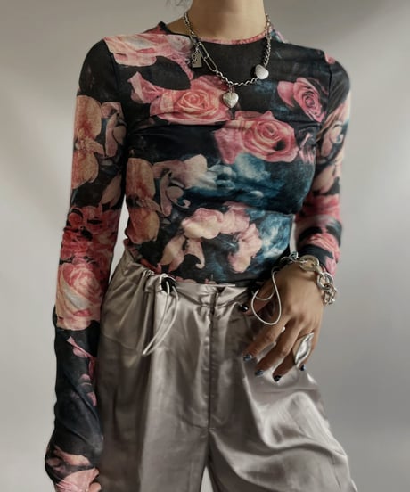 【USED】  L/S Flower Patterned Power net  top / 230916-045