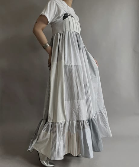【RE;CIRCLE】 RE Patchwork Strip Shirt One-Piece / 230608-013