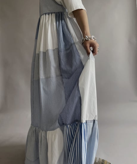 【RE;CIRCLE】 RE Patchwork Strip Shirt One-Piece / 230608-019