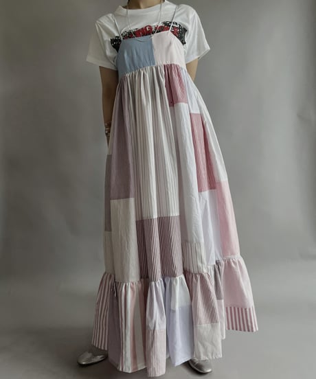 【RE;CIRCLE】 RE Patchwork Strip Shirt One-Piece / 230608-014