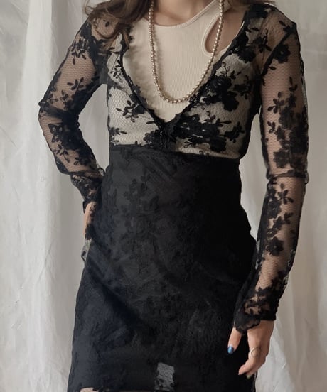 【USED】  USA Flower Patterned Lace Dress/210506-030